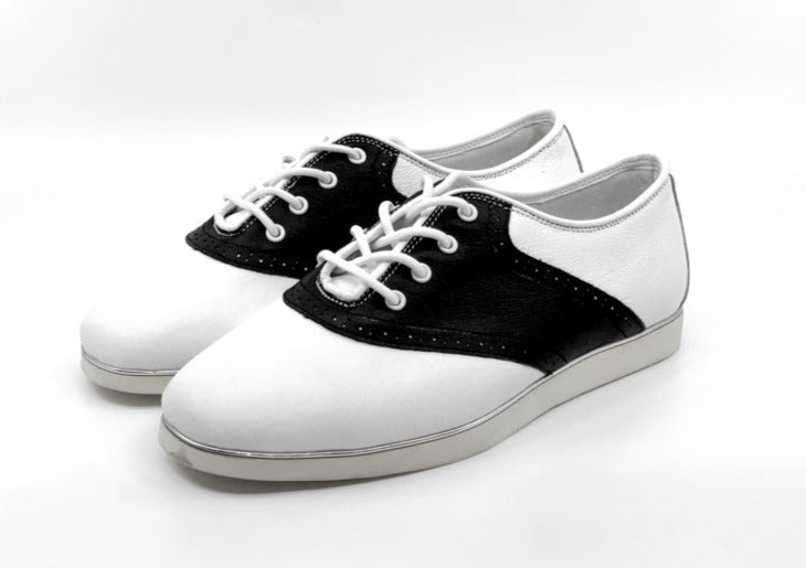 Ladies, Classic, Saddle, White And Black Leather, With Smooth, Flat Rubber Sole, Dance Shoe - (7819) - Rockabilly Australia Pty Ltd