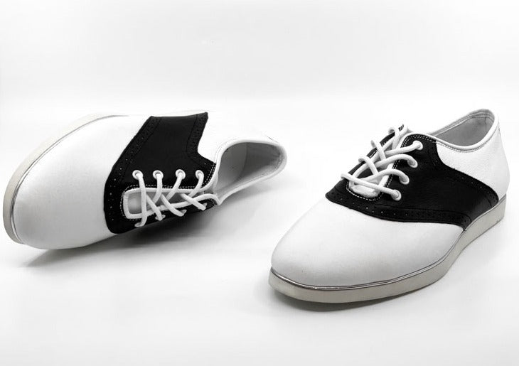 Ladies, Classic, Saddle, White And Black Leather, With Smooth, Flat Rubber Sole, Dance Shoe - (7819) - Rockabilly Australia Pty Ltd