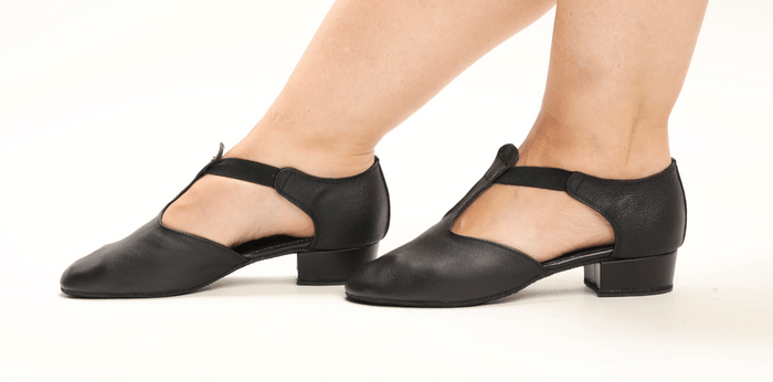 Ladies, Classic T - Bar, Closed Toe, Character Dance Shoes In Black Nubuck Leather with Suede Sole - (6605B) - Rockabilly Australia Pty Ltd