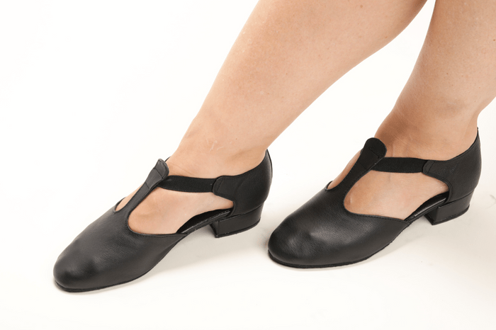 Ladies, Classic T - Bar, Closed Toe, Character Dance Shoes In Black Nubuck Leather with Suede Sole - (6605B) - Rockabilly Australia Pty Ltd