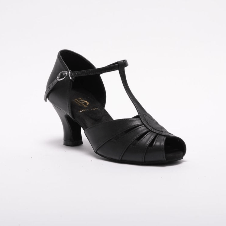Ladies, Classic, Vintage Inspired, Peep Toe, 4 Strap, T - Bar Dance Shoe in Black Vegan Leather - (S230B1) - Rockabilly Australia Pty Ltd