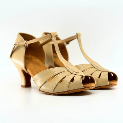 Ladies, Classic, Vintage Inspired, Peep Toe, 4 Strap, T - Bar Dance Shoe in Tan Vegan Leather - (S230B2) - Rockabilly Australia Pty Ltd