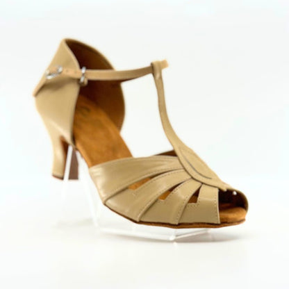 Ladies, Classic, Vintage Inspired, Peep Toe, 4 Strap, T - Bar Dance Shoe in Tan Vegan Leather - (S230B2) - Rockabilly Australia Pty Ltd