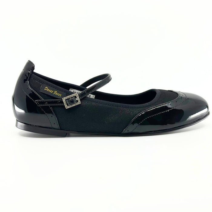 Ladies, Classic, Wing Tip, Mary Jane, Dance Shoe In Black Patent and Black Sparkle - (2083BG) - Rockabilly Australia Pty Ltd