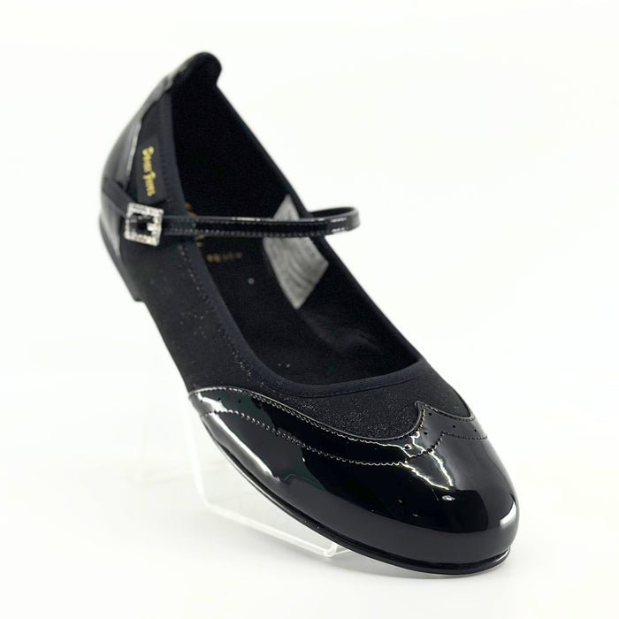 Ladies, Classic, Wing Tip, Mary Jane, Dance Shoe In Black Patent and Black Sparkle - (2083BG) - Rockabilly Australia Pty Ltd