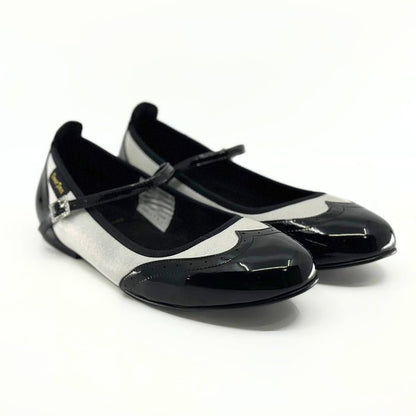 Ladies, Classic, Wing Tip, Mary Jane, Dance Shoe In Black Patent Leather and Silver Sparkle - (2083BS) - Rockabilly Australia Pty Ltd