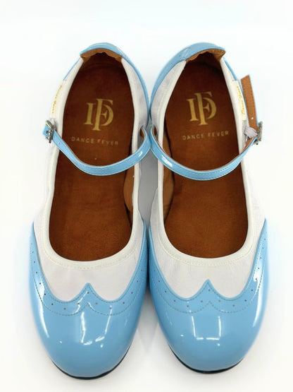 Ladies, Classic, Wing Tip, Mary Jane, Dance Shoe Pale Blue and White Leather - (2083BLU) - Rockabilly Australia Pty Ltd