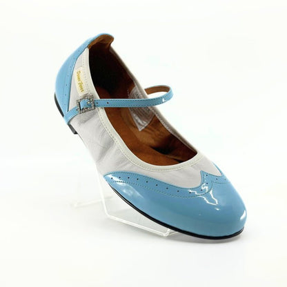 Ladies, Classic, Wing Tip, Mary Jane, Dance Shoe Pale Blue and White Leather - (2083BLU) - Rockabilly Australia Pty Ltd