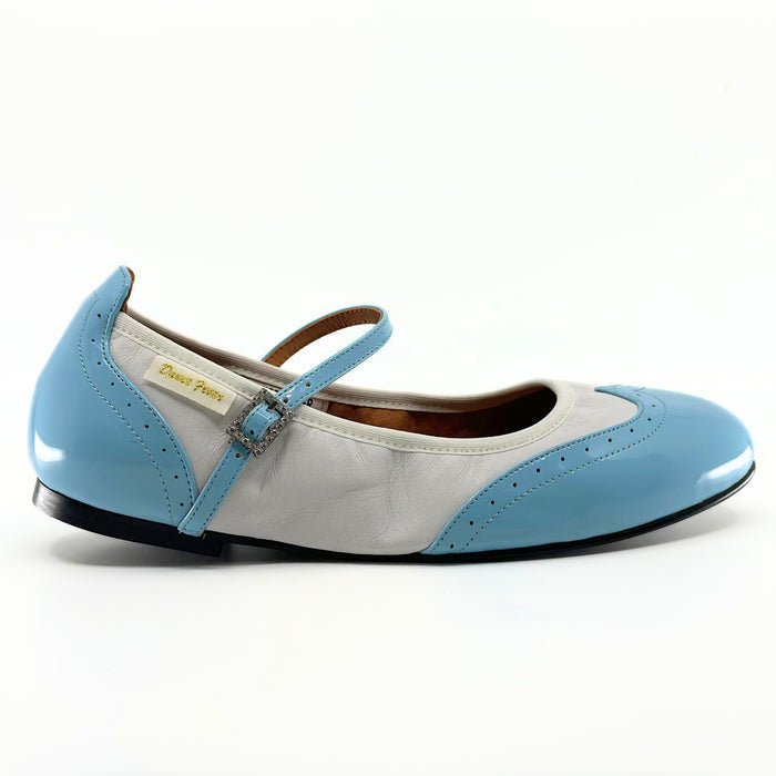 Ladies, Classic, Wing Tip, Mary Jane, Dance Shoe Pale Blue and White Leather - (2083BLU) - Rockabilly Australia Pty Ltd