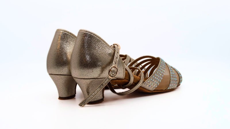 Ladies, Unique Vamp, Peep Toe, 1.5 Inch Junior Heel, In Shimmer Gold With AB Rhinestones - (S211G) - Rockabilly Australia Pty Ltd