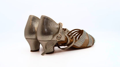 Ladies, Unique Vamp, Peep Toe, 1.5 Inch Junior Heel, In Shimmer Gold With AB Rhinestones - (S211G) - Rockabilly Australia Pty Ltd