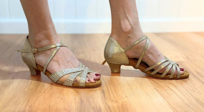 Ladies, Unique Vamp, Peep Toe, 1.5 Inch Junior Heel, In Shimmer Gold With AB Rhinestones - (S211G) - Rockabilly Australia Pty Ltd