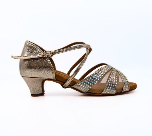 Ladies, Unique Vamp, Peep Toe, 1.5 Inch Junior Heel, In Shimmer Gold With AB Rhinestones - (S211G) - Rockabilly Australia Pty Ltd