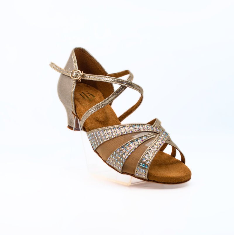Ladies, Unique Vamp, Peep Toe, 1.5 Inch Junior Heel, In Shimmer Gold With AB Rhinestones - (S211G) - Rockabilly Australia Pty Ltd