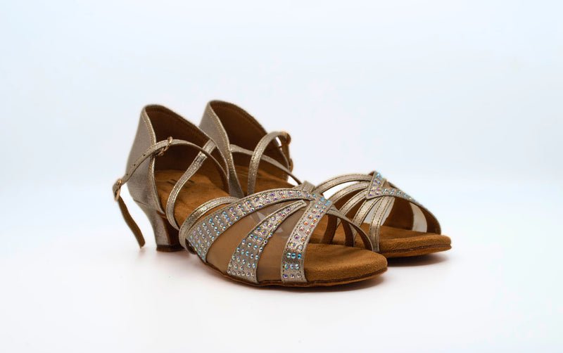 Ladies, Unique Vamp, Peep Toe, 1.5 Inch Junior Heel, In Shimmer Gold With AB Rhinestones - (S211G) - Rockabilly Australia Pty Ltd