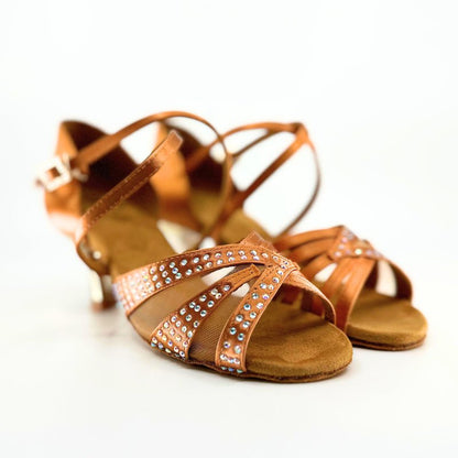 Ladies, Unique Vamp, Peep Toe, 2.25 Flared Heel, In Dark Tan or Black Silk With AB Rhinestones - (S211) - Rockabilly Australia Pty Ltd