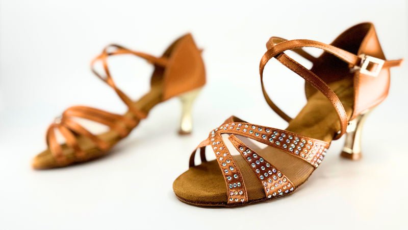 Ladies, Unique Vamp, Peep Toe, 2.25 Flared Heel, In Dark Tan or Black Silk With AB Rhinestones - (S211) - Rockabilly Australia Pty Ltd