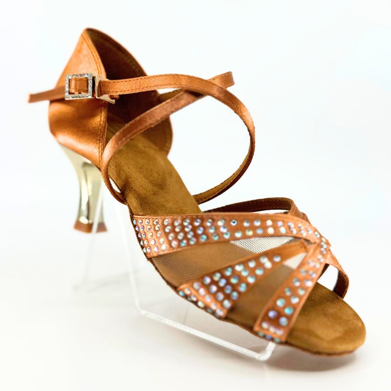 Ladies, Unique Vamp, Peep Toe, 2.25 Flared Heel, In Dark Tan or Black Silk With AB Rhinestones - (S211) - Rockabilly Australia Pty Ltd