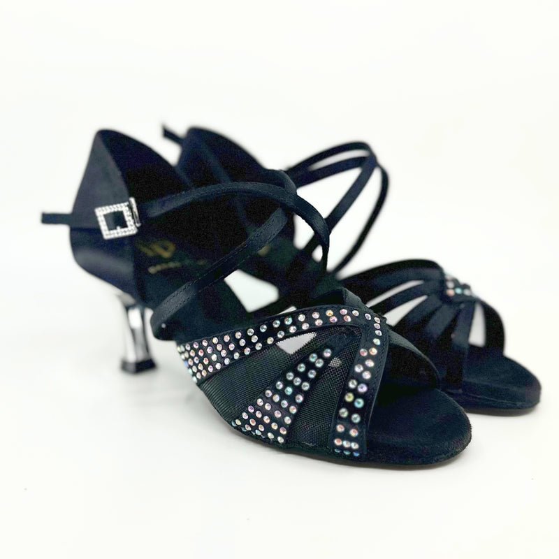 Ladies, Unique Vamp, Peep Toe, 2.25 Flared Heel, In Dark Tan or Black Silk With AB Rhinestones - (S211) - Rockabilly Australia Pty Ltd