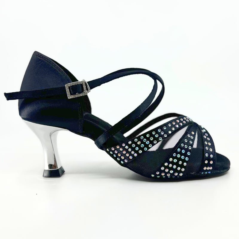 Ladies, Unique Vamp, Peep Toe, 2.25 Flared Heel, In Dark Tan or Black Silk With AB Rhinestones - (S211) - Rockabilly Australia Pty Ltd