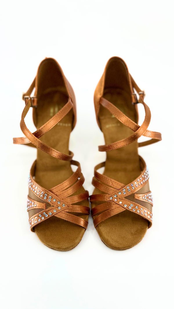 Ladies, Unique Vamp, Peep Toe, 2.25 Flared Heel, In Dark Tan or Black Silk With AB Rhinestones - (S211) - Rockabilly Australia Pty Ltd