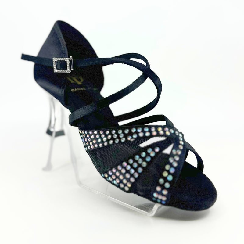 Ladies, Unique Vamp, Peep Toe, 2.25 Flared Heel, In Dark Tan or Black Silk With AB Rhinestones - (S211) - Rockabilly Australia Pty Ltd