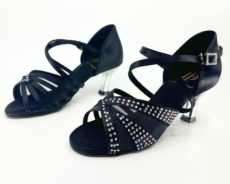 Ladies, Unique Vamp, Peep Toe, 2.25 Flared Heel, In Dark Tan or Black Silk With AB Rhinestones - (S211) - Rockabilly Australia Pty Ltd