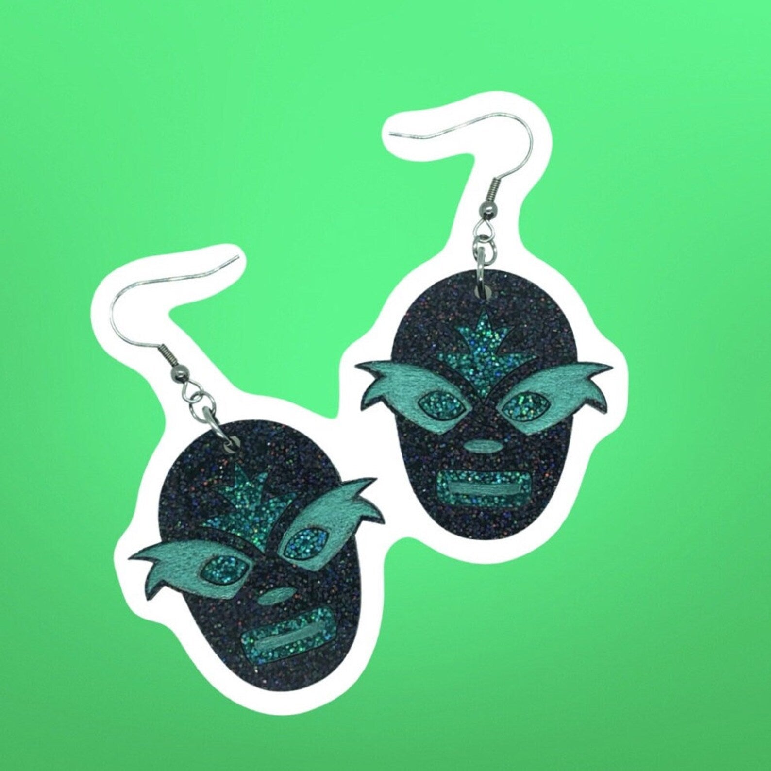 Lucha Libre Acrylic Earrings, Black Holgraphic Lucha Libre Earrings, Mexican Wrestling Mask Earrings, Mid Century Modern Earrings - Rockabilly Australia Pty Ltd