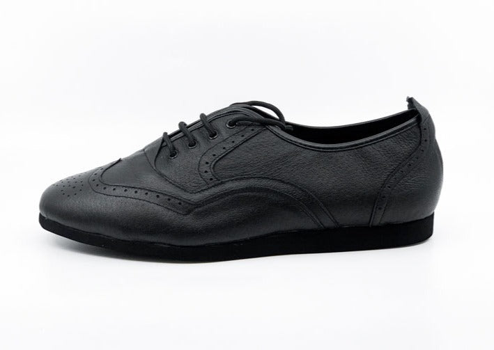 Men's Classic, Brogue, WingTip Dance Shoe In Black Leather With Flat, Smooth, Rubber Sole Dance Shoe - (7817B) - Rockabilly Australia Pty Ltd