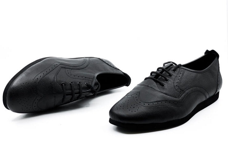 Men's Classic, Brogue, WingTip Dance Shoe In Black Leather With Flat, Smooth, Rubber Sole Dance Shoe - (7817B) - Rockabilly Australia Pty Ltd