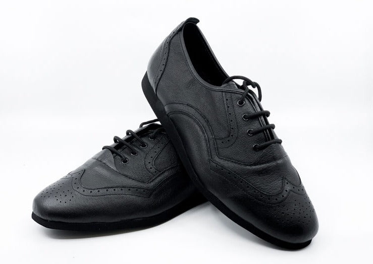 Men's Classic, Brogue, WingTip Dance Shoe In Black Leather With Flat, Smooth, Rubber Sole Dance Shoe - (7817B) - Rockabilly Australia Pty Ltd