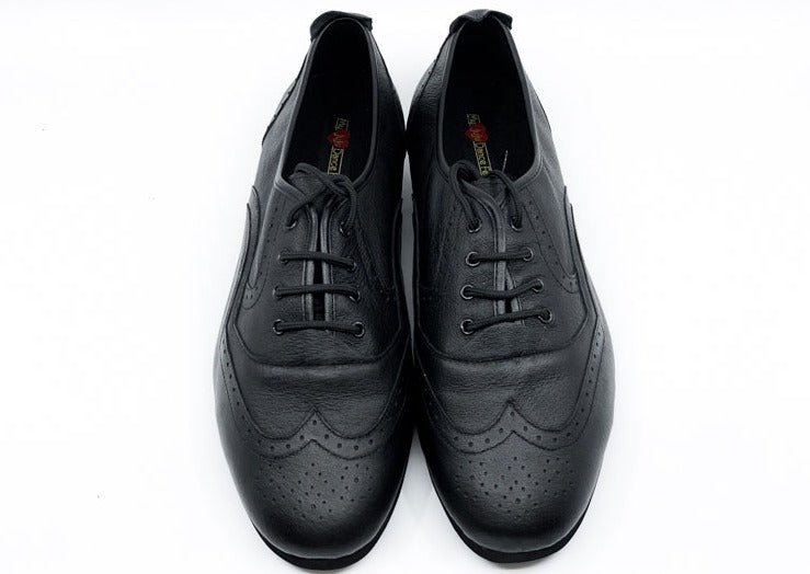 Men's Classic, Brogue, WingTip Dance Shoe In Black Leather With Flat, Smooth, Rubber Sole Dance Shoe - (7817B) - Rockabilly Australia Pty Ltd