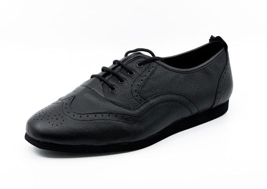 Men's Classic, Brogue, WingTip Dance Shoe In Black Leather With Flat, Smooth, Rubber Sole Dance Shoe - (7817B) - Rockabilly Australia Pty Ltd