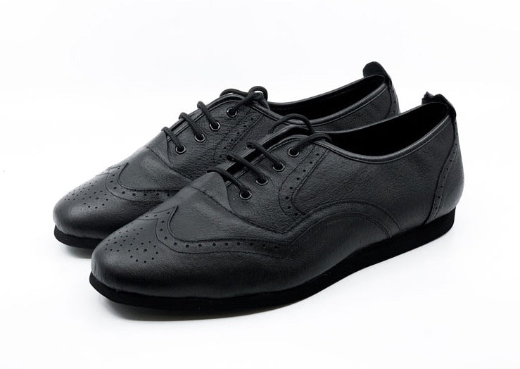 Men's Classic, Brogue, WingTip Dance Shoe In Black Leather With Flat, Smooth, Rubber Sole Dance Shoe - (7817B) - Rockabilly Australia Pty Ltd