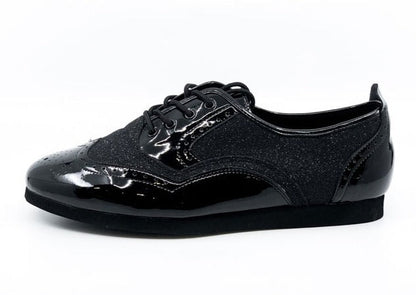 Men's Classic, Brogue, Wingtip Dance Shoe In Black Patent Leather And Black Fine Glitter Accents With Flat, Smooth Rubber Soles - (7817BG) - Rockabilly Australia Pty Ltd