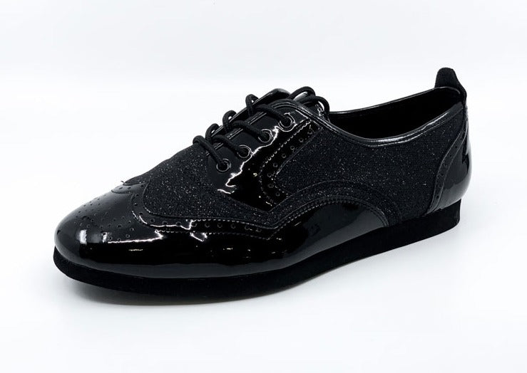 Men's Classic, Brogue, Wingtip Dance Shoe In Black Patent Leather And Black Fine Glitter Accents With Flat, Smooth Rubber Soles - (7817BG) - Rockabilly Australia Pty Ltd