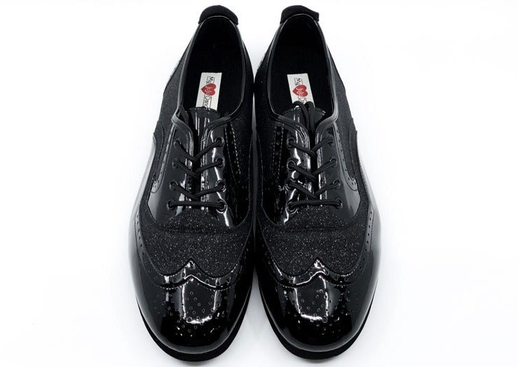 Men's Classic, Brogue, Wingtip Dance Shoe In Black Patent Leather And Black Fine Glitter Accents With Flat, Smooth Rubber Soles - (7817BG) - Rockabilly Australia Pty Ltd