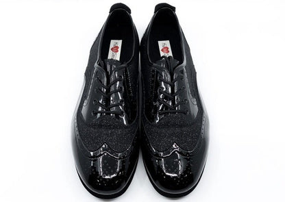 Men's Classic, Brogue, Wingtip Dance Shoe In Black Patent Leather And Black Fine Glitter Accents With Flat, Smooth Rubber Soles - (7817BG) - Rockabilly Australia Pty Ltd