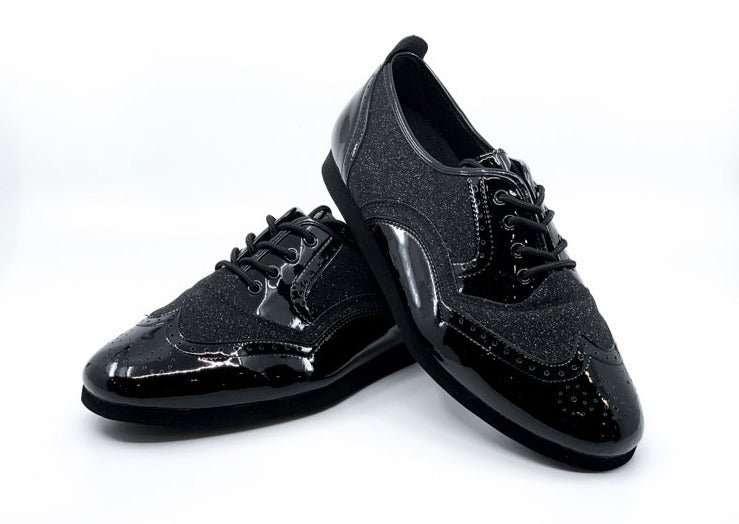 Men's Classic, Brogue, Wingtip Dance Shoe In Black Patent Leather And Black Fine Glitter Accents With Flat, Smooth Rubber Soles - (7817BG) - Rockabilly Australia Pty Ltd