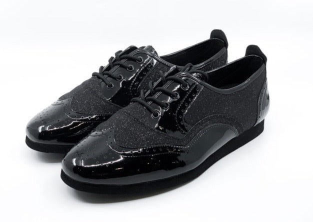 Men's Classic, Brogue, Wingtip Dance Shoe In Black Patent Leather And Black Fine Glitter Accents With Flat, Smooth Rubber Soles - (7817BG) - Rockabilly Australia Pty Ltd