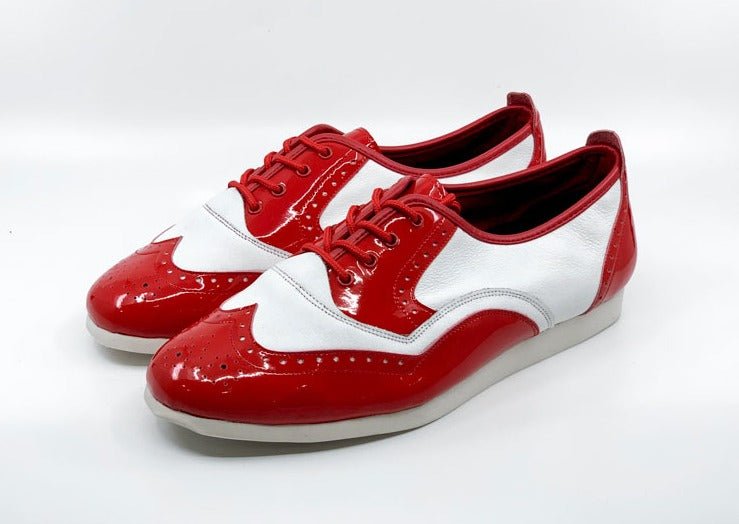 Men's Classic, Brogue, Wingtip Dance Shoe In White Leather And Red Patent, With Flat, Smooth, Rubber Sole - (7817RW) - Rockabilly Australia Pty Ltd