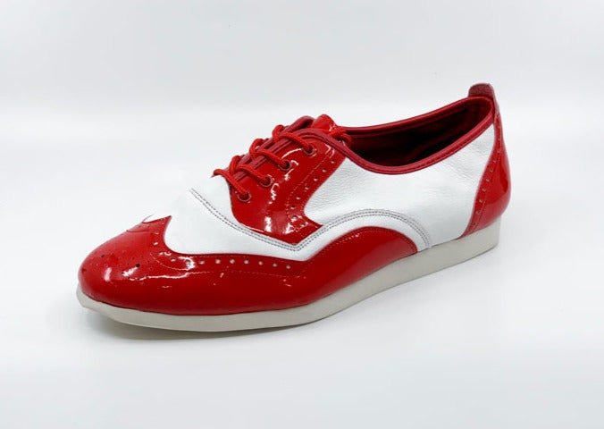 Men's Classic, Brogue, Wingtip Dance Shoe In White Leather And Red Patent, With Flat, Smooth, Rubber Sole - (7817RW) - Rockabilly Australia Pty Ltd