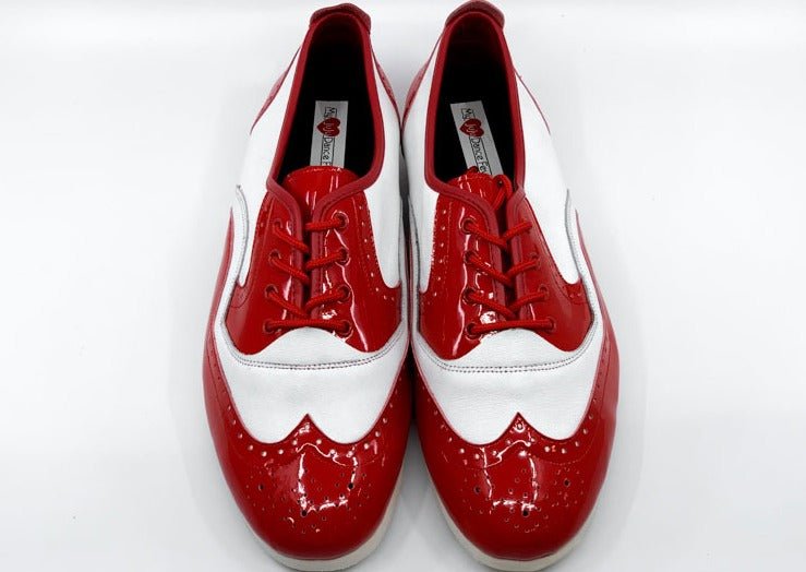 Men's Classic, Brogue, Wingtip Dance Shoe In White Leather And Red Patent, With Flat, Smooth, Rubber Sole - (7817RW) - Rockabilly Australia Pty Ltd