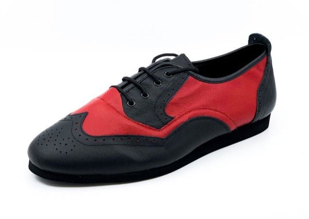 Men's Classic, Brogue, Wingtip In Black And Red Leather With Flat, Smooth, Rubber Sole Dance Shoe - (7817BR) - Rockabilly Australia Pty Ltd