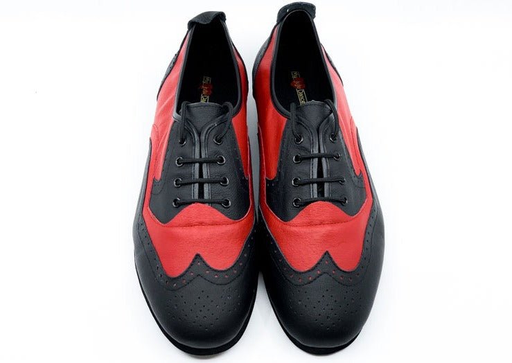 Men's Classic, Brogue, Wingtip In Black And Red Leather With Flat, Smooth, Rubber Sole Dance Shoe - (7817BR) - Rockabilly Australia Pty Ltd