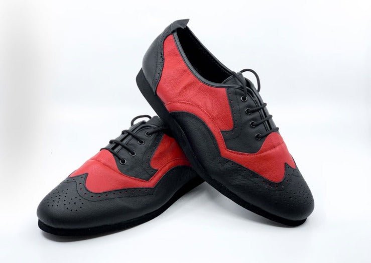 Men's Classic, Brogue, Wingtip In Black And Red Leather With Flat, Smooth, Rubber Sole Dance Shoe - (7817BR) - Rockabilly Australia Pty Ltd