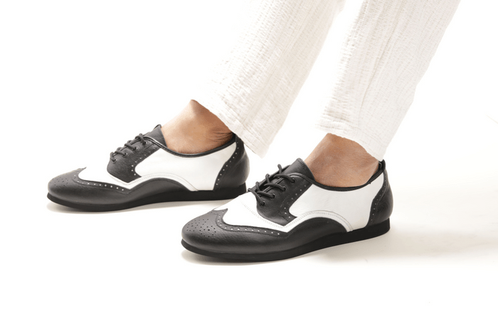 Men's Classic, Brogue, Wingtip In Black And White Leather With Flat, Smooth, Rubber Sole Dance Shoe - (7817BW) - Rockabilly Australia Pty Ltd