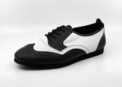 Men's Classic, Brogue, Wingtip In Black And White Leather With Flat, Smooth, Rubber Sole Dance Shoe - (7817BW) - Rockabilly Australia Pty Ltd