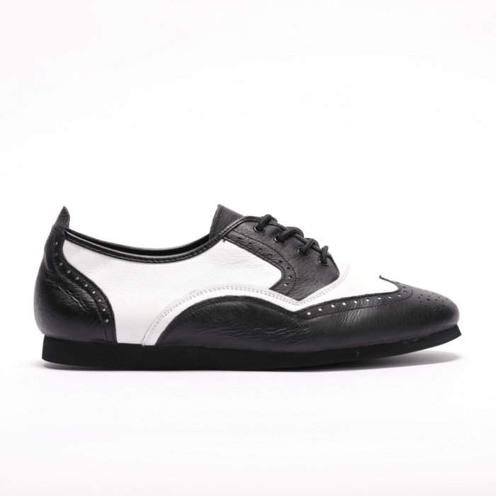 Men's Classic, Brogue, Wingtip In Black And White Leather With Flat, Smooth, Rubber Sole Dance Shoe - (7817BW) - Rockabilly Australia Pty Ltd