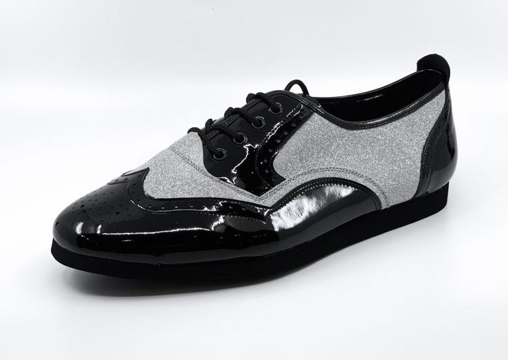 Men's Classic, Brogue, Wingtip In Black Patent Leather & Silver Glitter With Flat, Smooth, Rubber Sole - (7817BS) - Rockabilly Australia Pty Ltd